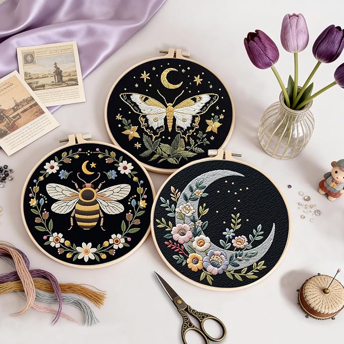 Uniartfy 3 Sets Butterfly Bee Moon Embroidery Kits for Beginners, DIY Cross Stitch Starter Craft Kit for Adults, Needlepoint Kits Including Cloth with Flower Plant Pattern, Hoop, Tools, Instructions