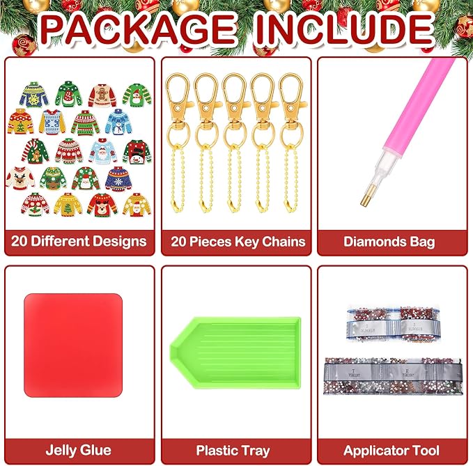 Tondiamo 20 Pcs Christmas Diamond Painting Keychain Kits 5D DIY Diamond Art Pendants Double Sided Hanging Key Chains for Christmas Party Decoration DIY(Sweater Style)