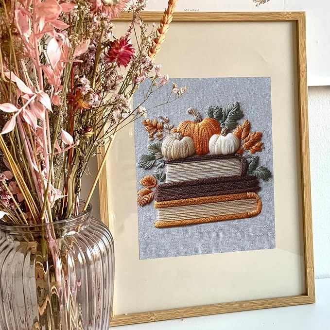 FONNUY Fall Embroidery Kit, Handmade Autumn Wreath Pre-Stamped Pattern for Beginners, Thanksgiving Harvest Home Decor, 8'' Hoop (Pumpkin Book)