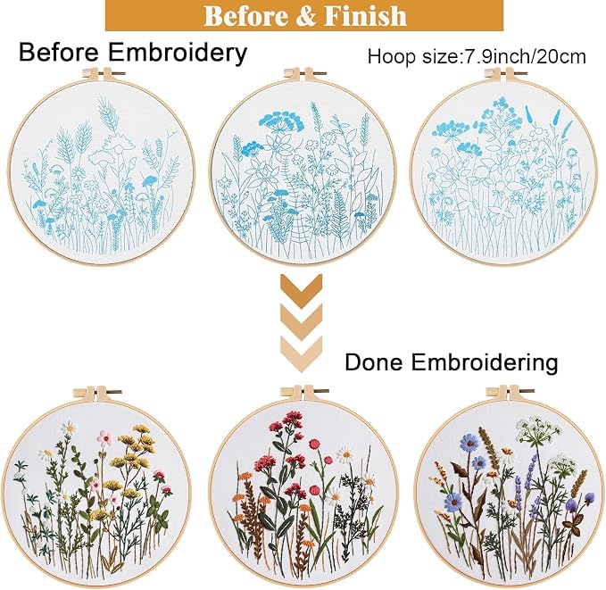 GLTAYLMY Flower Embroidery Kit for Beginners with Pattern and Instructions,3 Pack Cross Stitch Kits,1 Plastic Embroidery Hoops,Threads and Needles,Needlepoint Kit for Adults