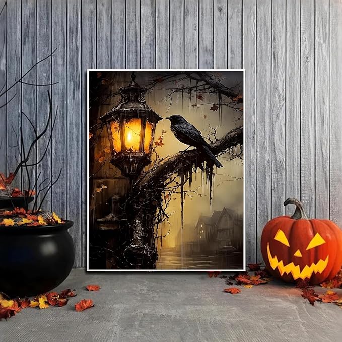 PHANTASYART Gothic Crow Framed Paint by Number with Wooden Easel 12x16inch | Gothic Adult Paint by Numbers, Horror Crow Canvas Paint by Numbers for Adults, DIY Acrylic Painting Kits for Adults