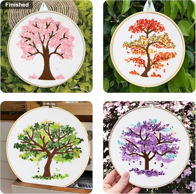 Sivilife Embroidery Starter Kit for Beginners, 4 Sets Stamped Cross Stitch Kits for Adult, Seasonal Tree Pattern Hand DIY Kits with 2 Embroidery Hoop Instructions Color Threads Needles and Scissor