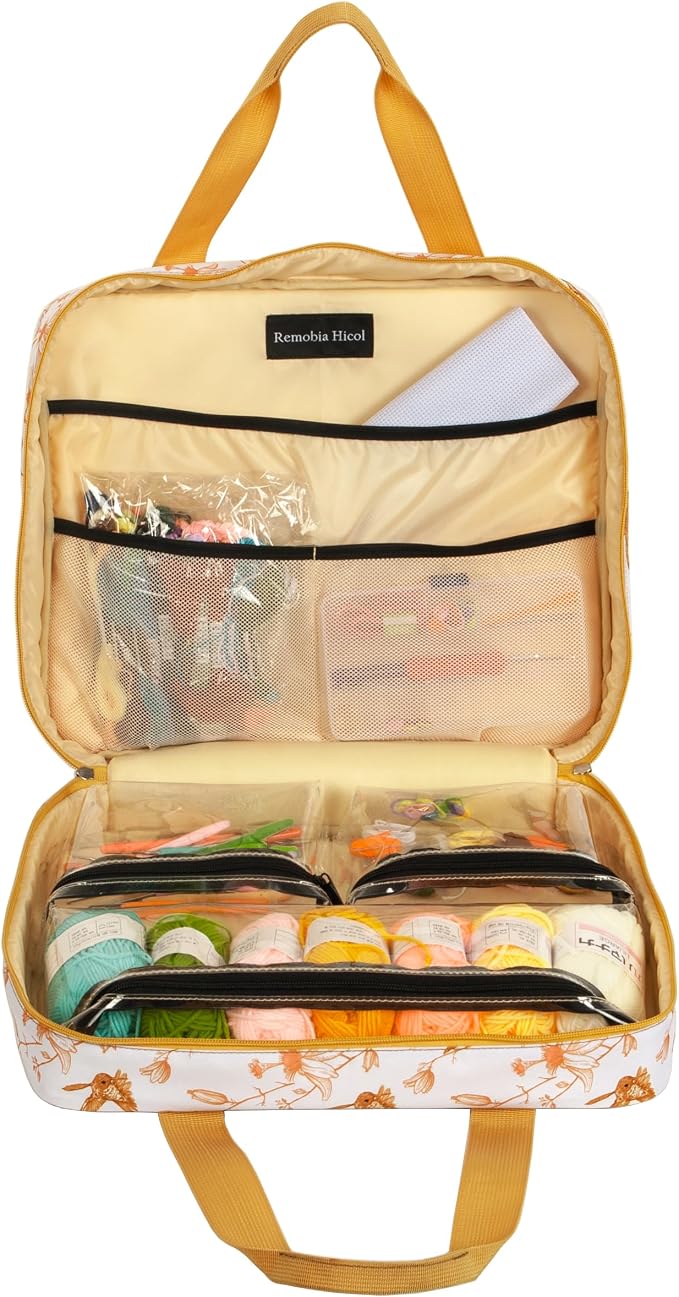 Portable Square Cross Stitch Starter Kits Bag Embroidery Project Bag Embroidery Tool Storage Tote Bag with Multifunctional Pockets, Bag Only (Bird Pattern)