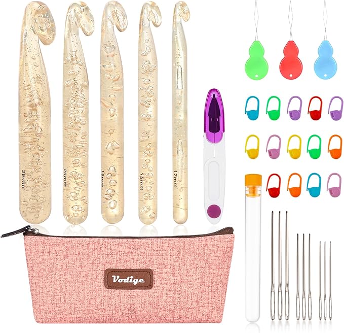 Vodiye 5 Sizes Large Crochet Hooks 12mm-25mm, Ergonomic Crochet Hook Set, Transparent Hooks for Chunky Yarn and DIY Crafts