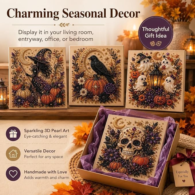 Halloween Pearl Art Kit, Cute Ghost 3D Diamond Art DIY Craft Kit with Resin Pearls, Spooky Cute 3D Diamond-Painting Crafts for Adults, Fall Home Decor Wall Art, Beginner DIY Seasonal Party Gift (#A)