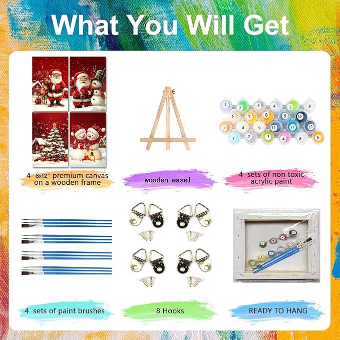 4 Pack Christmas Paint by Numbers Kit for Adults with Frame, Easy Snowman Paint by Number for Adults Beginner with Wooden Easel, DIY Painting by Numbers Canvas Framed for Home Decor 8 x 12 Inch
