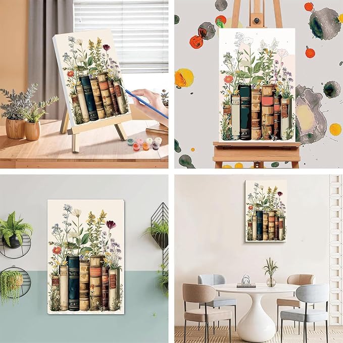 xackcme Book Paint by Numbers for Adults with Framed Canvas 8x12 inch | Flowers Paint by Number on Canvas, DIY Books Acrylic Oil Painting Kits with Wooden Easel Brushes for Home Wall Decor