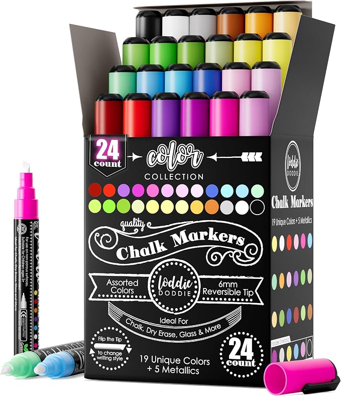 Loddie Doddie Chalk Markers, Liquid Chalk Pens, Reversible Tips, 24 Pack | More Coverage & Color Changes, 6mm Reversible Tips, Extra Tips, Erasable Chalk Markers for Blackboard, Chalkboard Markers