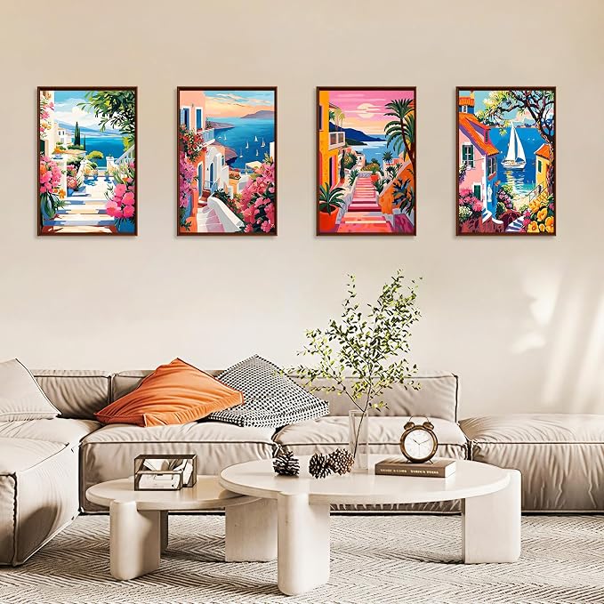 4 Pack Paint by Numbers Kit for Adults with Frame, Seaside Town Landscape | DIY Acrylic Painting Kit with Wooden Easel, Framed Paint by Number for Beginners, Home Wall Decor & Gift, 8 x 12 Inch