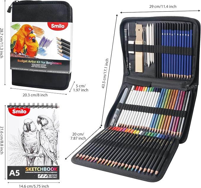 Smilo 76-Piece Art Supplies Sketching Kit with Sketchbook and Travel Case