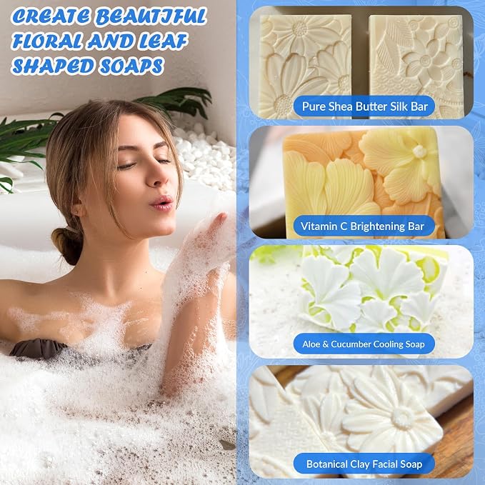 HKNMTT 2Pcs Soap Molds Silicone 3D Rectangle Flower Pattern Silicone Mold | 4-Cavity Floral Molds for Handmade Soap Shower Steamer Bath Lotion Shampoo Chocolate Bars DIY Craft Non-Stick Food Grade