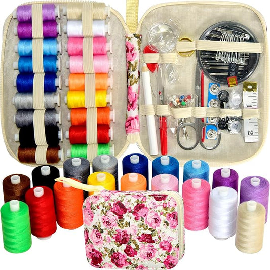 Sewing Kit with Case Portable Sewing Supplies for Home Traveler, Adults, Beginner, Emergency, Contains 18 Sewing Thread, Scissors, Needles, Measure etc,Black (red Rose）
