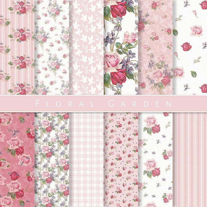 JarThenaAMCS 24 Sheets Rose Floral Pattern Paper Pink Scrapbook Specialty Paper Vintage Flower Double Sided Craft Papers for DIY Card Making Photo Album Journal Decor, 6 x 6 Inch