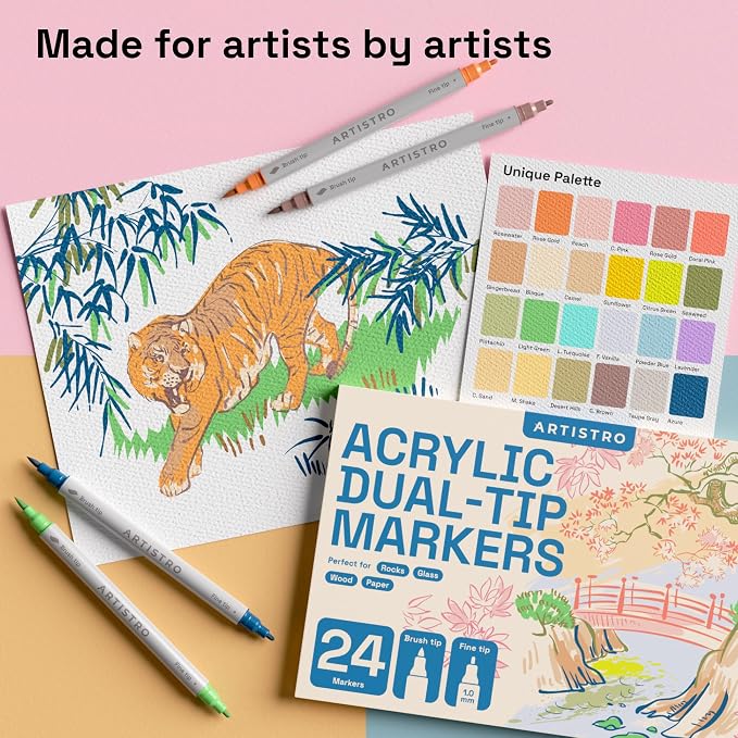 ARTISTRO 24 Pastel Dual-Tip Acrylic Paint Marker Pens for Drawing | For Fabric, Rock, Glass, Wood, & Molds, Arts & Crafts Gift for Adults, Teens, & Kids, Classroom Must Haves & School Supplies