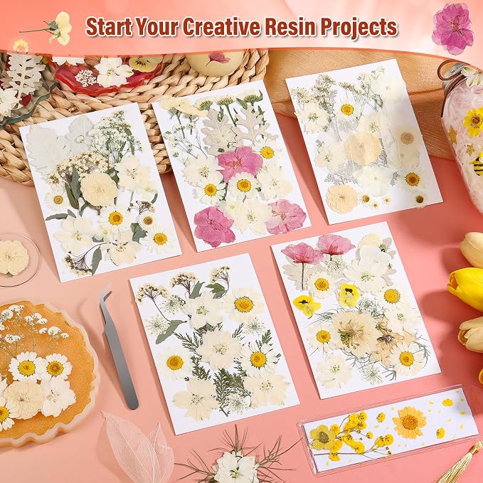 Dried Pressed Flowers for Resin, Real Pressed Flowers Dry Leaves Bulk Natural Herbs Kit for Scrapbooking Art Crafts Epoxy Resin Jewelry Mold Candle Soap Making Nails Décor (White & Pink Floral)
