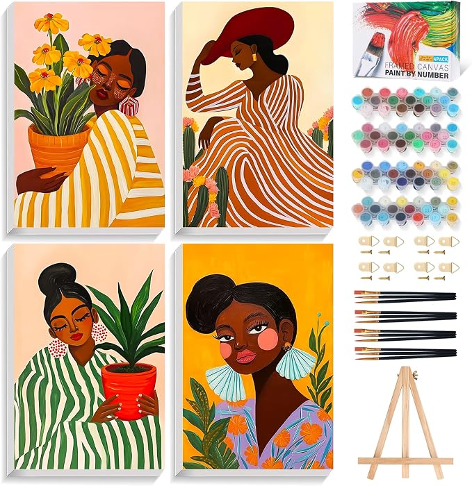 Okarina 4 Pack Paint by Numbers Kit for Adults with Frame, African Women | DIY Acrylic Painting Kit with Wooden Easel, Framed Paint by Number for Beginners, Home Wall Decor & Gift, 8 x 12 Inch