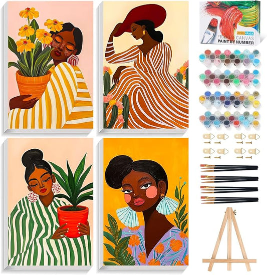 Okarina 4 Pack Paint by Numbers Kit for Adults with Frame, African Women | DIY Acrylic Painting Kit with Wooden Easel, Framed Paint by Number for Beginners, Home Wall Decor & Gift, 8 x 12 Inch
