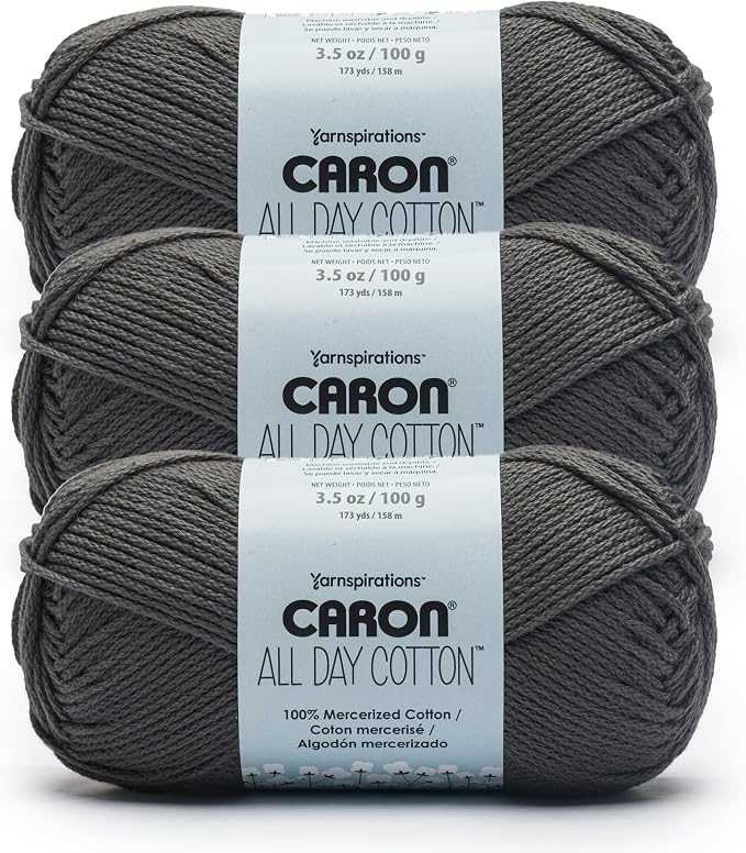 Caron All Day Cotton Yarn for Crocheting, Slate, 3-Pack | #4 Worsted Yarn, 100% Mercerized Cotton, Soft Crochet Yarn for Knitting, Amigurumi & Crafts, 173yds, 100g/3.5oz per skein