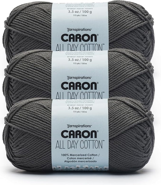 Caron All Day Cotton Yarn for Crocheting, Slate, 3-Pack | #4 Worsted Yarn, 100% Mercerized Cotton, Soft Crochet Yarn for Knitting, Amigurumi & Crafts, 173yds, 100g/3.5oz per skein