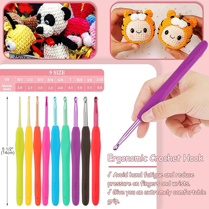 Coopay 63 Pcs Crochet Kit for Beginners, All-in-One Crochet Starter Kits | Complete Crocheting Set with Yarn, Ergonomic Crochet Hooks, Easy-to-Follow Tutorial,Storage Case-Idea Starter Kits Gift（Pink）