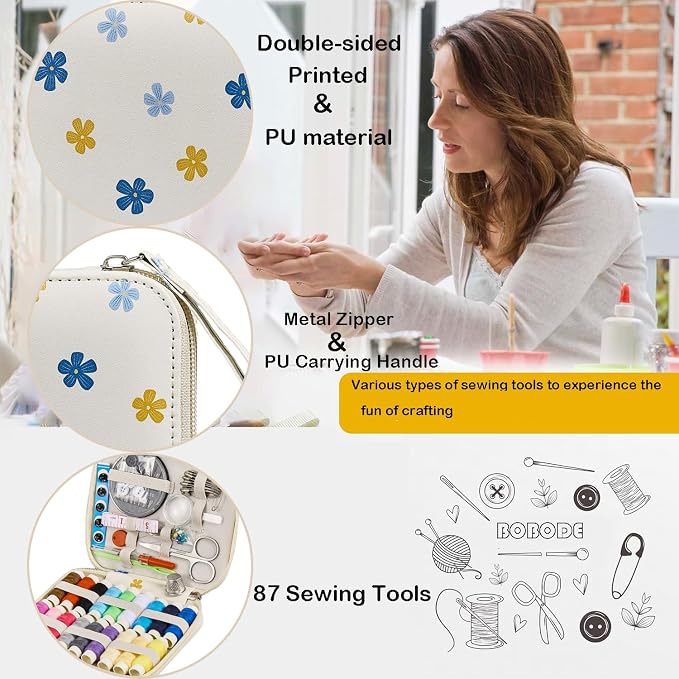 Bobode Sewing Sets & Kits Travel Sewing Kit for Adults | Floral Pattern Sewing Set Professional Basic Sewing Supplies Printing Carry Sewing Kit for Emergency,Beginners