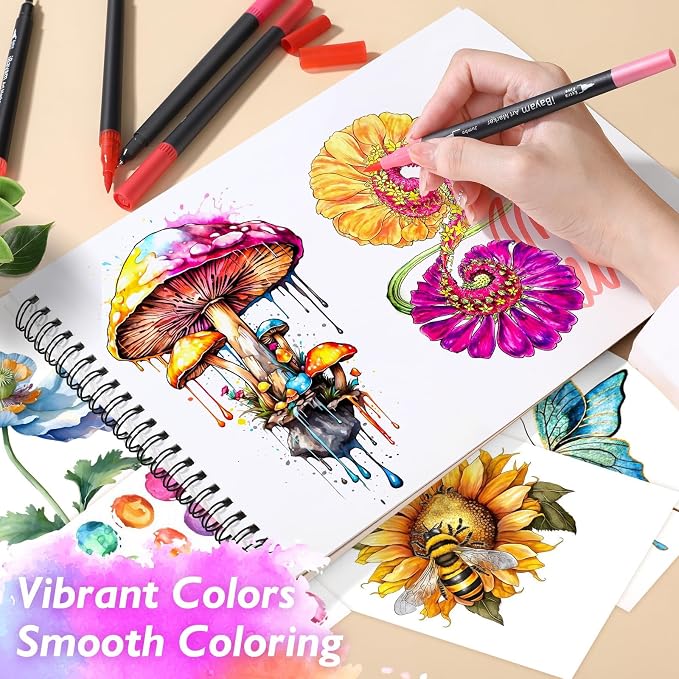 72-Color Dual Tip Markers, Fine & Brush Pens for adult coloring & lettering | 0.4mm Fineliner Pens, water-based non-toxic ink, carry bag, Note-Taking, Calligraphy, Journaling, Sketching and Lettering