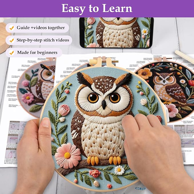 Uniartfy 3 Sets Embroidery Kit for Beginners with Owl Flower Pattern, Hand Needlepoint Kits for Adults, Embroidery Starter Kits with Hoops, Step by Step Video & Instructions, DIY Cross Stitch Kit