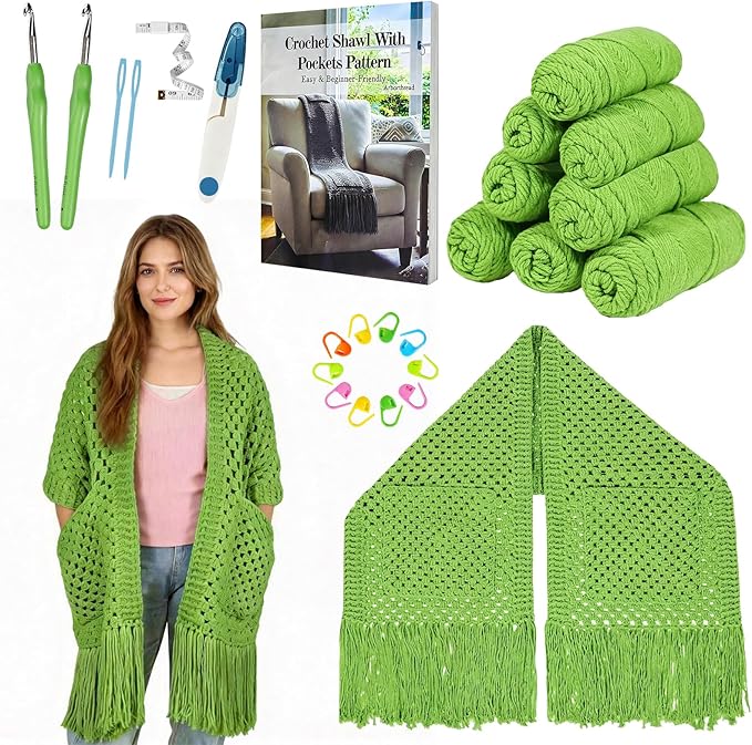 Arborthread Crochet Kit for Beginners, Easy All-Season Pocket Shawl & Scarf Crochet Kit for Adults w/Ample Premium Yarn to Fit Different Sizes, Step-by-Step Video & Instructions, Green