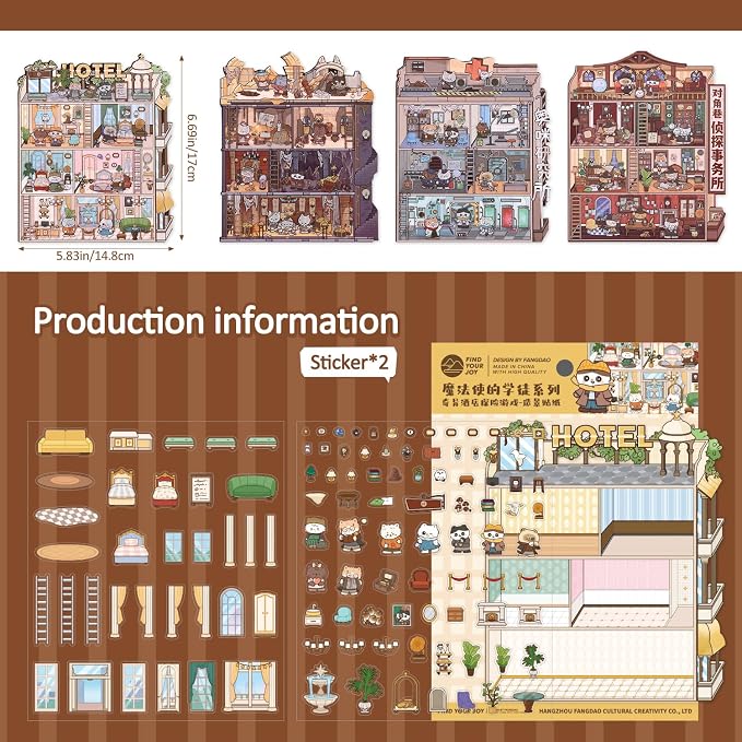 Girls 3D Miniature Scene Stickers, 4 Sets Magic Apprentice DIY House Stickers for Archaeological,Detective,Laboratory,Hotel,Cute 3D Cartoon Scene Stickers for Adult Kids Relief Stress Pass The Time