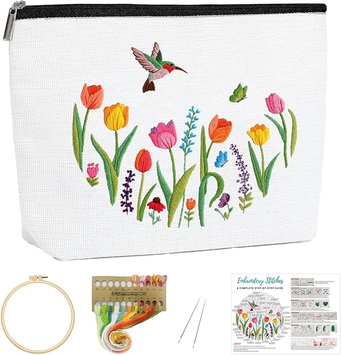 Louise Maelys Embroidery Kit for Beginners Tulip Flower Canvas Makeup Bag