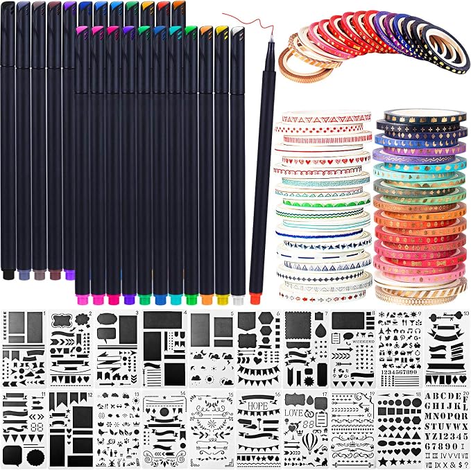 Honoson 48 Pack Scrapbooking Supplies Kit Scrapbook Tools and Supplies Journal Stencil Washi Tape and Journal Planner Pen for Notebook Diary DIY Plastic Drawing Template