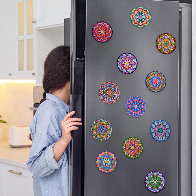 Zonon 12 Pcs Diamond Art Magnets Kits, Neon Mandala Fridge Magnets Boho | Diamond Painting Stickers for Adults DIY Home Decor, Psychedelic Boho Style, Vibrant Mandala, Refrigerator Decorations Kit