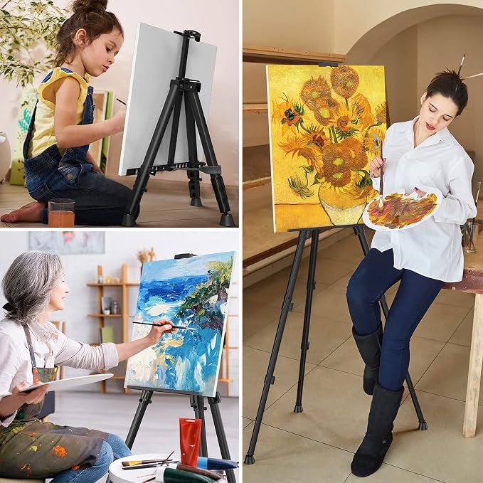 Art Painting Display Easel Stand - Portable Adjustable Floor Artist Easel | Aluminum Metal Tripod Black Stand with Bag, Height from 17" to 66", Sturdy for Table-Top/Floor Painting, Drawing, Displaying