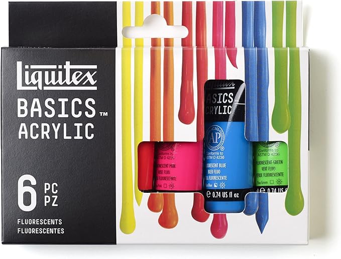 Liquitex BASICS Acrylic Paint Set, 6 x 22ml (0.74-oz) Tubes, Fluorescent | Medium Viscosity, Satin Finish, Lightfast, Fine Art Pigments, Range of Opacities, Easy Blending
