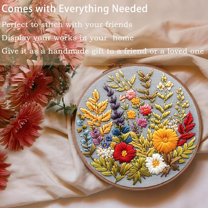 FONNUY Floral Embroidery Kit for Beginners, Colorful Flowers Pre-Stamped Pattern Kits for Adults with Hoop, Thread Needlework, 8'' Hoop (Daisy)