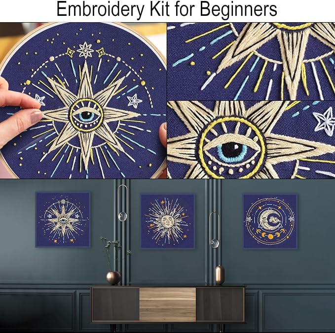 Louise Maelys 3 Pack Tarot Sun Moon Embroidery Kit for Beginners Celestial | Cross Stitch Kit for Adults, Complete Starters DIY Needlepoint Kit with Sun Moon Star Evil Eye Pattern and Instructions