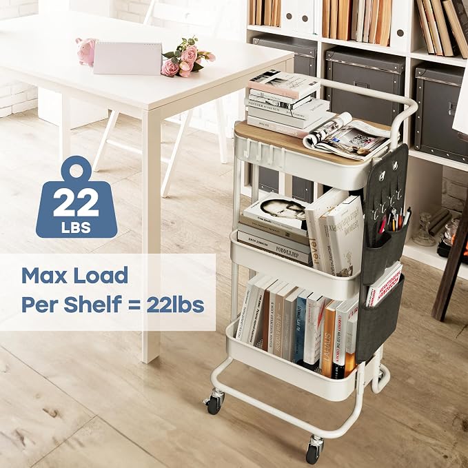 DTK 3-Tier Rolling Cart with Table Top, Metal Utility Cart with Side Bags