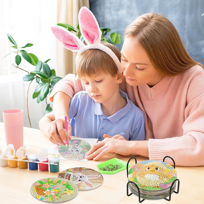 UPINS 8 Pieces Easter Diamond Art Coasters,Bunnies Diamond Art Coaster for Adults Diamond Kits Supplies for Spring Easter Gift