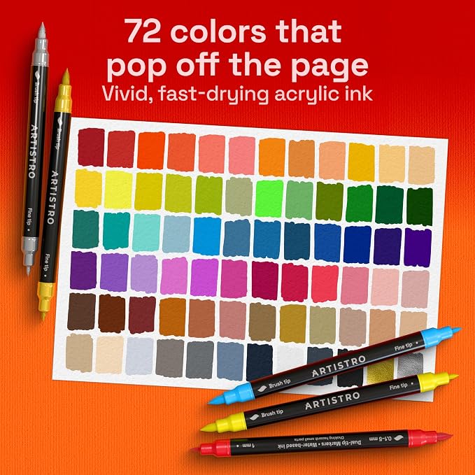 ARTISTRO 72 Dual-Tip Acrylic Paint Marker Pens for Drawing | For Fabric, Rock, Glass, Wood, & Molds, Arts & Crafts Gift for Adults, Teens, & Kids, Classroom Must Haves & School Supplies