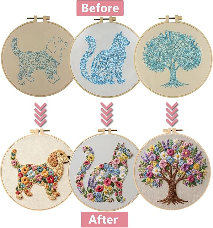 3 Packs Embroidery Kit for Adults, Embroidery for Beginners (Animal-1)