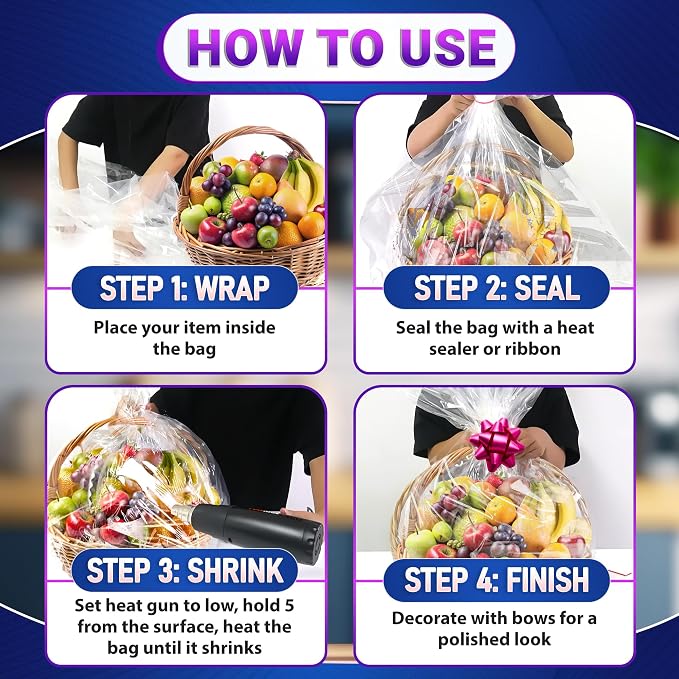 5 Pcs Shrink Wrap Bags for Gift Baskets, 32x40 in, Dust Cover | Clear Cellophane Bags for Hampers; Large Clear Gift Wrap; Heat-Shrink Finish; for Presents, Clothes Storage & Holiday Baskets