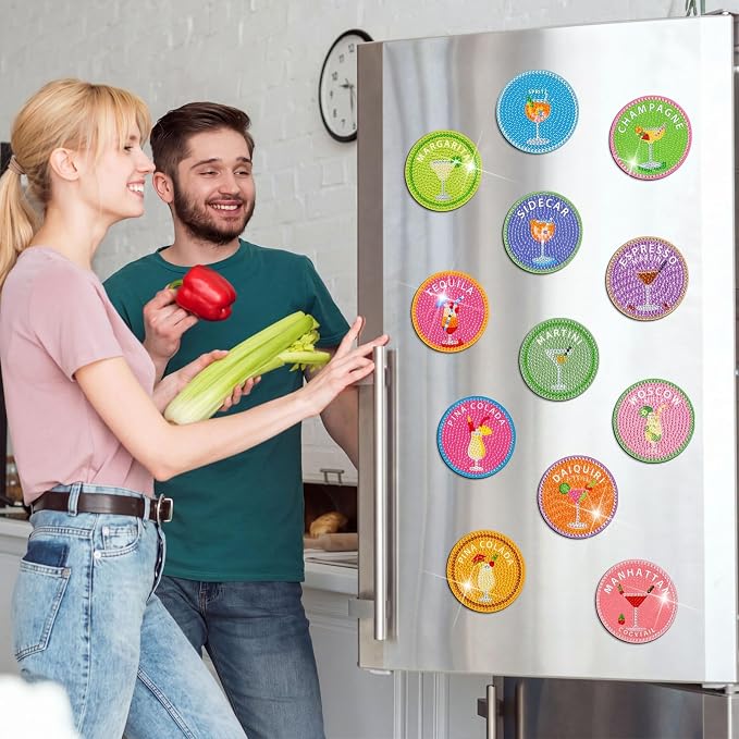 Zonon 12 Pcs Diamond Painting Magnets Cocktail Themed Round Fridge Stickers | Colorful Drink Theme for Kitchen Office Locker, Art Craft for Adults, Adhesive Round Stickers, Summer Party Home Decor