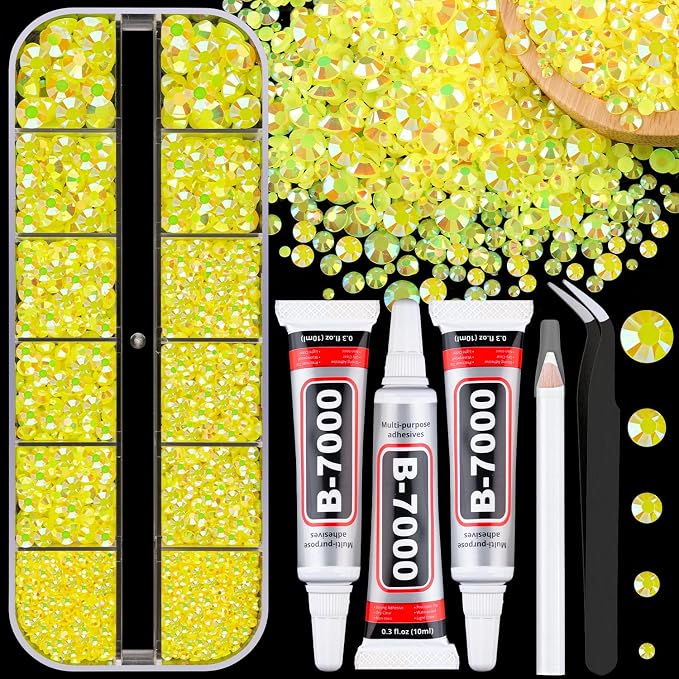 Resin Jelly Rhinestones for Crafting with B7000 Jewelry Glue, 1 Box Lemon Yellow AB Flatback Crystal with 3Pcs 10ml Glue, Bedazzling Non Hotfix Gems for DIY Tumblers Clothing Shoes Manicure