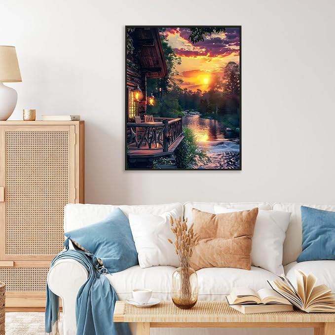 Paint by Numbers Kit for Adults, Sunset Cabin Number Painting Canvas Kit | DIY Acrylic Lake Painting Set for Beginners, Stress Relief Relaxing Craft, Home Wall Decor, Gift for Adults, 16x20 Inch