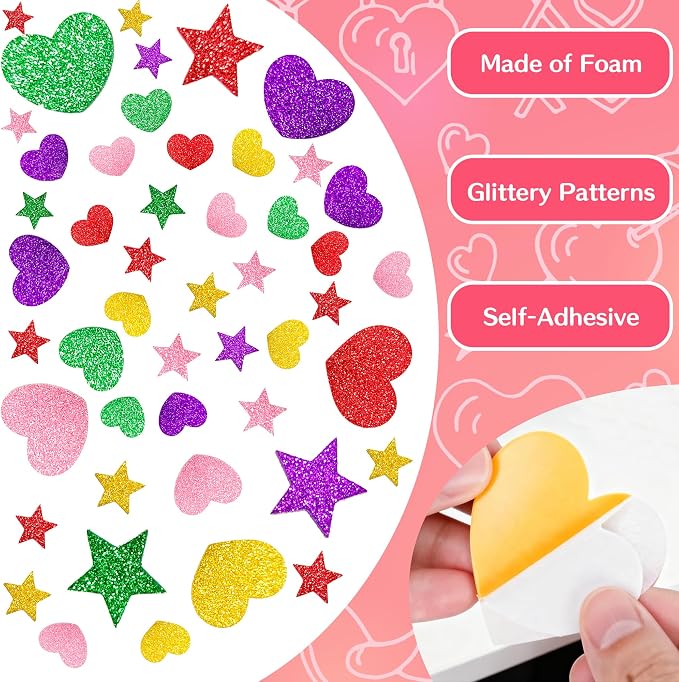 Back to School Supplies - 280 PCS Glitter Foam Reward Stickers for Kids | Self Adhesive Stars Mini Heart Shapes Stickers for Teachers Students Classroom - Arts Craft Scrapbook Supplies Party Favors