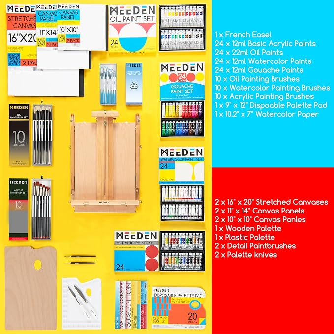 MEEDEN 141PCS Art Supplies Set: All-in-one Painting Kit with French Easel | Acrylic Watercolor Gouache Oil Paint Set, Paint Brushes, Palettes, Canvas & Panels, Sketchbook for Adult Artists Beginners