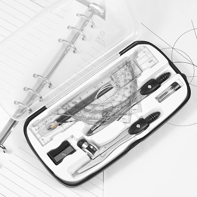 Unjoo Math Geometry Kit Sets 10 Piece Student Supplies, Compass Set, Black | Shatterproof Storage Box,Rulers,Protractor,Compass,Eraser,Pencil Sharpener,Lead Refills,for Classroom