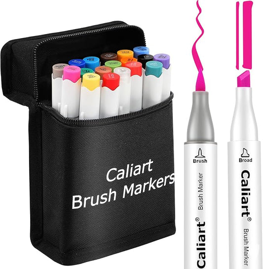 Caliart 18 Colors Alcohol Markers Brush & Chisel Art Markers for Adults | Dual Tips Alcohol-based Art Pens for Artist Beginners Hobbyists, Coloring Book Illustration Sketch Drawing Art Supplies Gifts