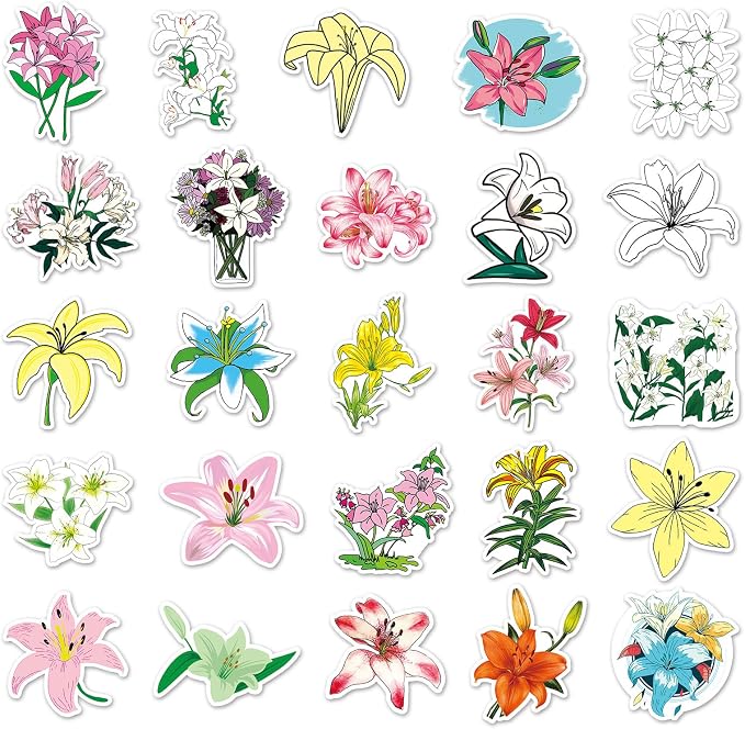 Lily Flower Stickers Pack 50 PCS, Botanical Aesthetic Vinyl Waterproof Die-Cut Floral Sticker for Water Bottle Laptop Cars Guitar Skateboard Bumper Vintage Waterproof for Teens Adults (Colourful-F12)