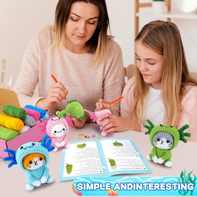 Fortuning's JDS Crochet Kit for Beginners, 3 PCS Axolotl Cat Crochet Kits | w/ Step-by-Step Video Tutorials, Beginner Crochet Kit for Adults Kids, Cat Crochet Gifts for Girl